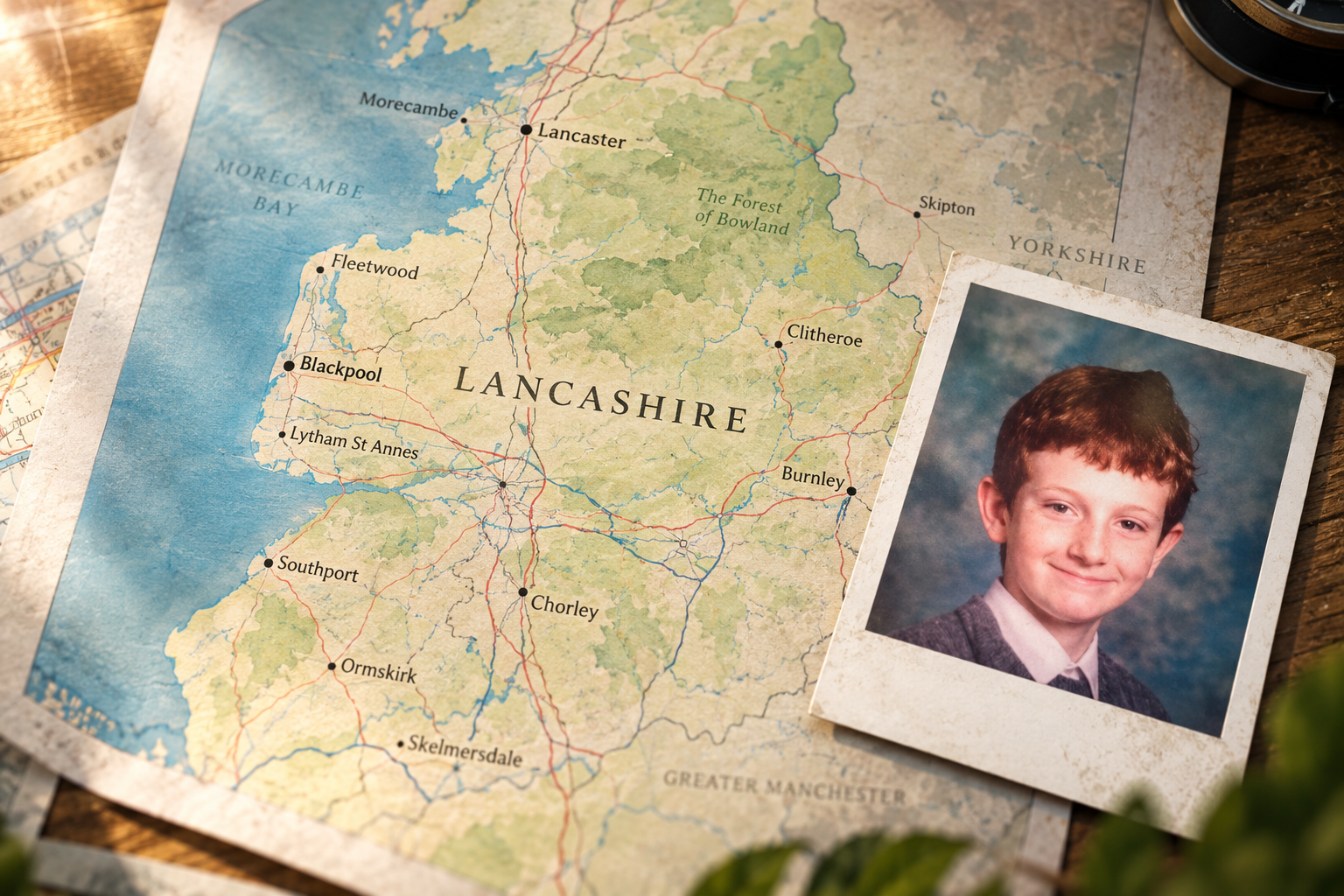 A childhood photograph of Neil Bentley laid over a vintage map of Lancashire