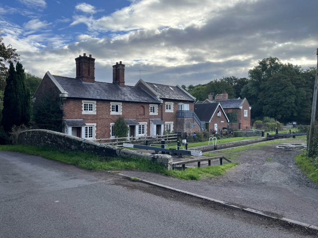 Tyrley Wharf cottages and canal locks in Sutton upon Tern parish